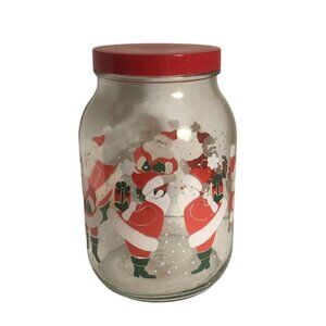 Vtg ANCHOR HOCKING 96oz Santa Glass Christmas/Xmas Red Plastic Lid Storage Jar